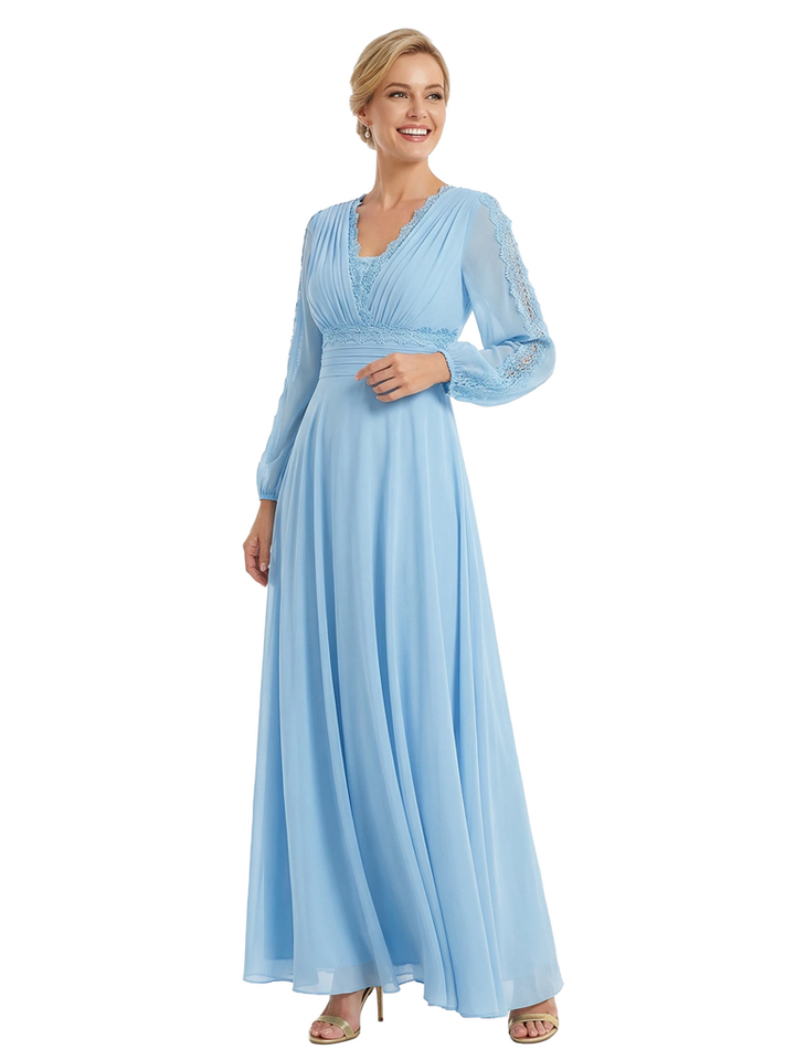 Chicsew Mother of The Bride Dresses V-Neck Long Sleeve Lace Chiffon Maxi Gown Classy Ruched Formal Wedding Event Attire