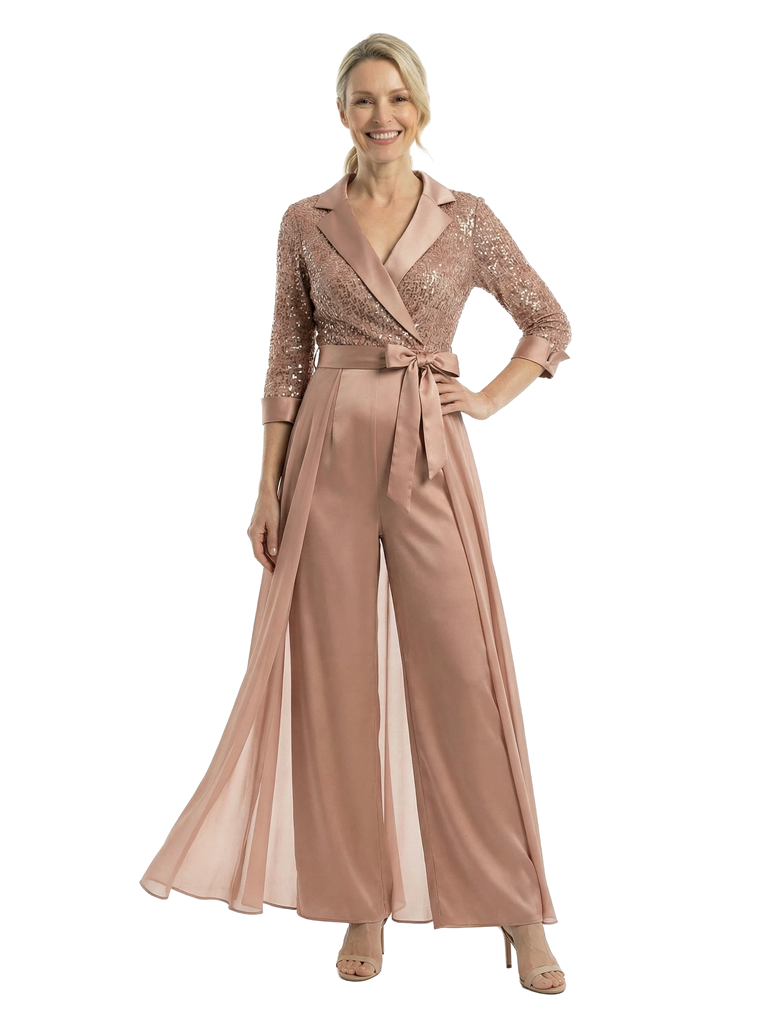 Chicsew Mother of The Groom Pantsuits V-Neck 3/4 Sleeve Sequin Jumpsuit