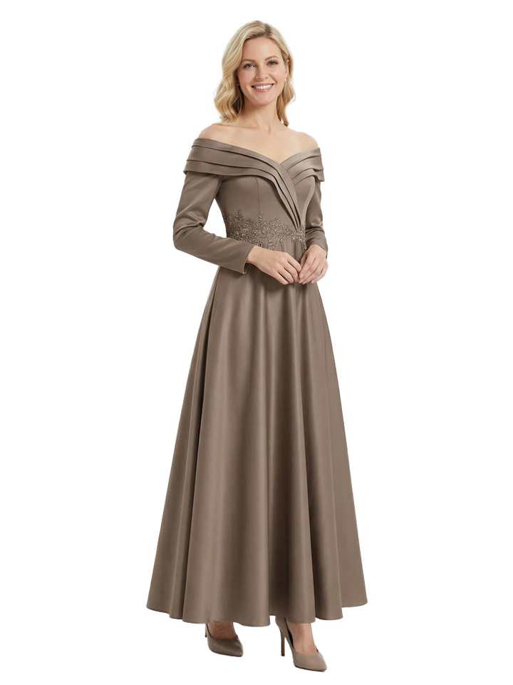 Elegant Long Sleeves Off Shoulder Lace Appliques A-Line Satin Mother of the Groom Evening Dress
