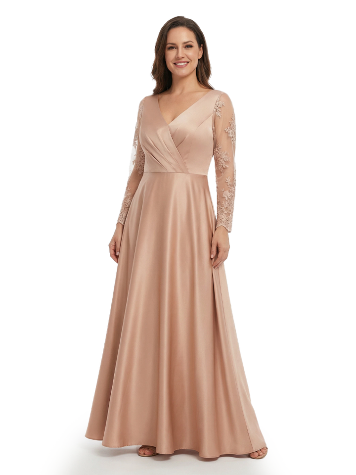 Elegant Lace Appliques Long Sleeves V-Neck A-Line Mother of the Groom Dresses