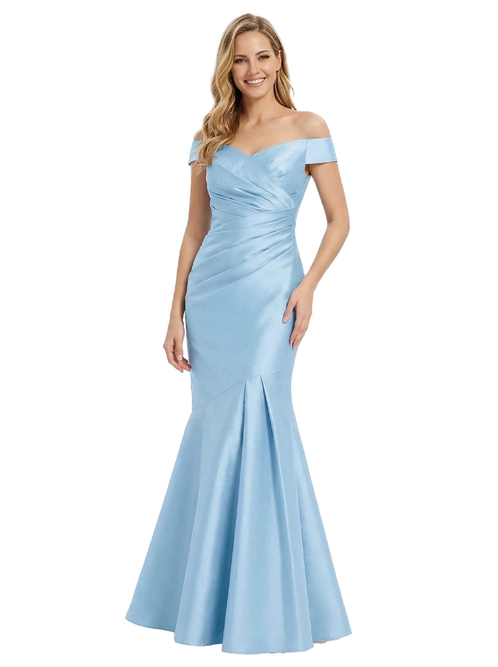Simple V-Neck Off Shoulder Ruching Mermaid Satin Mother of the Groom Evening Dress