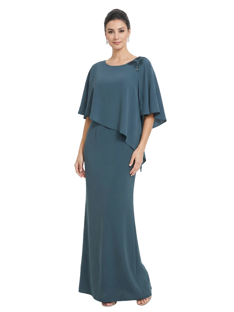 Chicsew Scoop Cape Sleeve Beaded Accent Sheath Floor Length Stretch Crepe Mother of the Bride Dresses