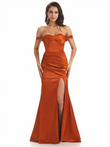 Off The Shoulder Ruched Satin Mermaid Long Evening Gown Dresses For Women Side Slit