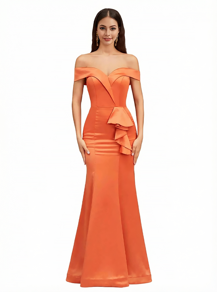 Sexy Off The Shoulder Mermaid Ruffle Silky Satin Long Evening Dresses For Wedding