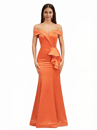 Sexy Off The Shoulder Mermaid Ruffle Silky Satin Long Evening Dresses For Wedding