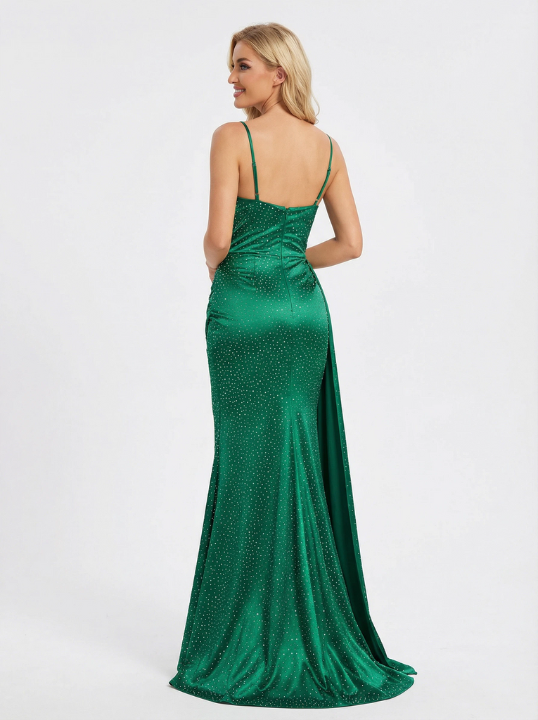Sparkly Beading Cowl Neck Beaded Satin Mermaid Prom Dresses with Slit
