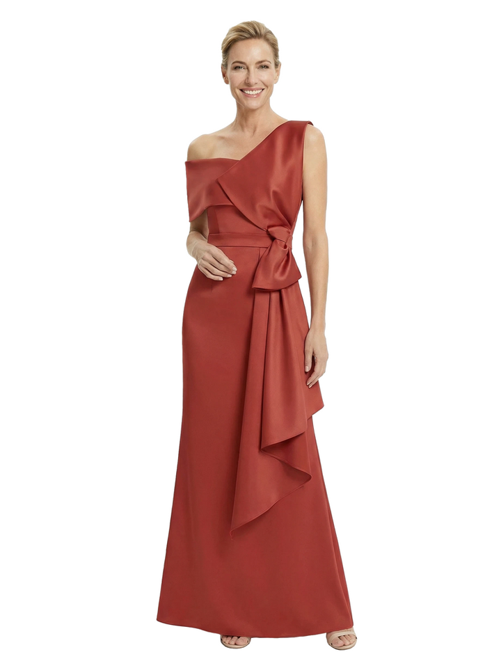 Chicsew Elegant One Shoulder Sheath Satin Mother of The Bride Dress With Ruffles