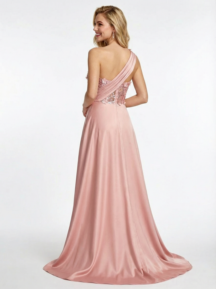 Unique Lace One Shoulder Ruched Satin Mermaid Prom Dress Overskirt