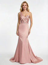 Unique Lace One Shoulder Ruched Satin Mermaid Prom Dress Overskirt