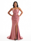 Sexy Spaghetti Straps Cowl Neck Mermaid Soft Satin Side Slit Long Bridesmaid Dresses Online