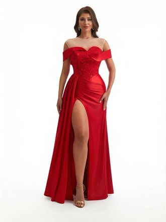 Sexy Off The Shoulder Illusion Beaded Mermaid Ruched Satin Long Formal Dresses Side Slit