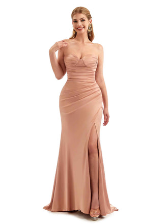 Sexy Strapless Sweetheart Side Split Stretchy Satin Bridesmaid Dresses Online