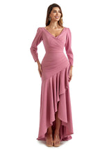 Elegant Mermaid Ruffles Long Sleeves Stretch Crepe High Low Formal Wedding Guest Dresses