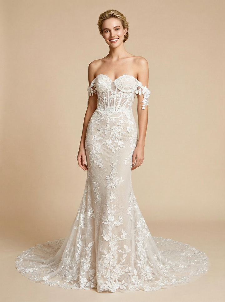 Mermaid Off Shoulder Sweetheart Maxi Long Lace Mermaid Wedding Dresses Online