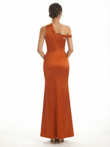 Women's One Shoulder Asymmetrical Mermaid Ruched Satin Long Formal Dresses Side Slit