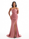 Sexy Spaghetti Straps Cowl Neck Mermaid Soft Satin Side Slit Long Bridesmaid Dresses Online