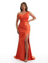 Sexy Asymmetrical Side Slit Mermaid Satin Ruched Long Bridesmaid Dresses