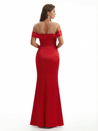 Sexy Off The Shoulder Illusion Beaded Mermaid Ruched Satin Long Formal Dresses Side Slit
