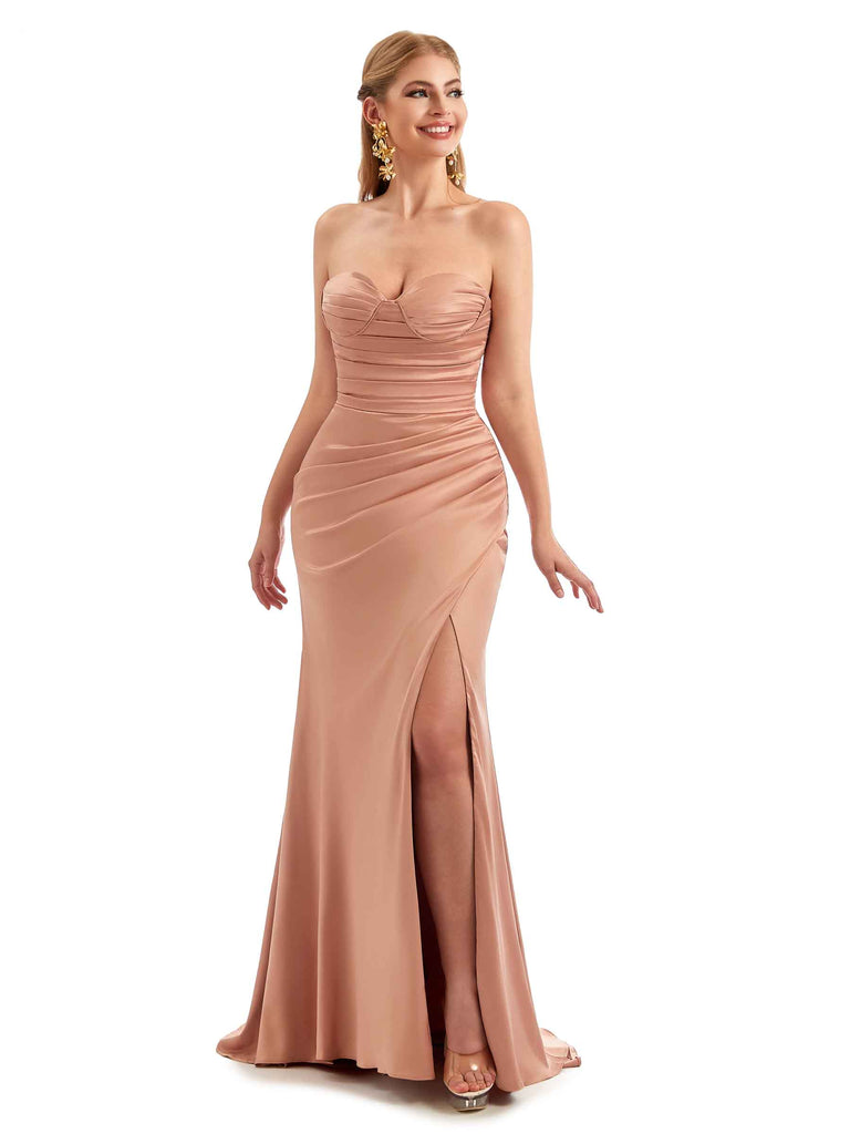 Sexy Strapless Sweetheart Side Slit Long Satin Unique Bridesmaid Dresses Online