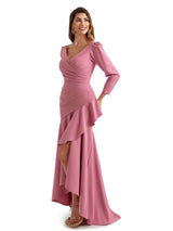 Elegant Mermaid Ruffles Long Sleeves Stretch Crepe High Low Formal Wedding Guest Dresses