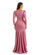 Elegant Mermaid Ruffles Long Sleeves Stretch Crepe High Low Formal Wedding Guest Dresses