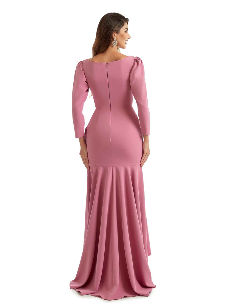 Elegant Mermaid Ruffles Long Sleeves Stretch Crepe High Low Formal Bridesmaid Dresses