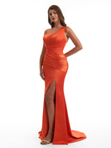 Sexy Asymmetrical Side Slit Mermaid Satin Ruched Long Bridesmaid Dresses