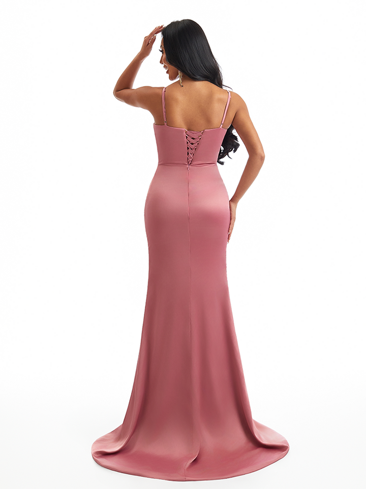 Sexy Spaghetti Straps Cowl Neck Mermaid Soft Satin Side Slit Long Bridesmaid Dresses Online