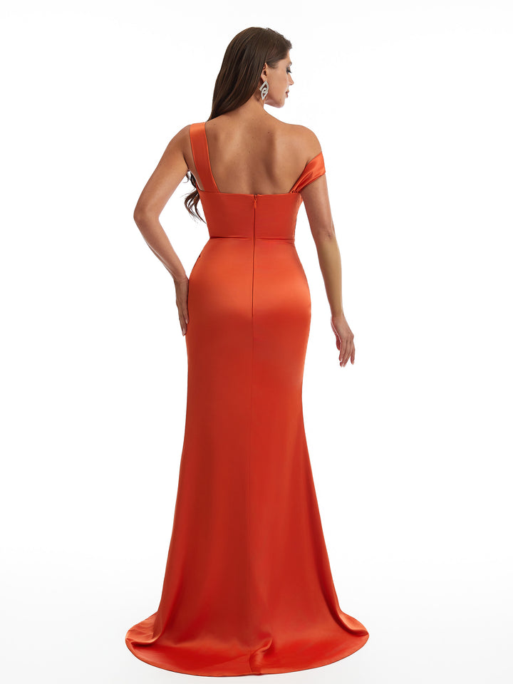 Sexy Asymmetrical Side Slit Mermaid Satin Ruched Long Bridesmaid Dresses