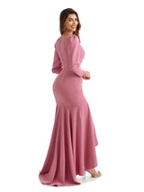 Elegant Mermaid Ruffles Long Sleeves Stretch Crepe High Low Formal Wedding Guest Dresses