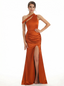 Women's One Shoulder Asymmetrical Mermaid Ruched Satin Long Formal Dresses Side Slit