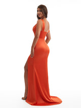 Sexy Asymmetrical Side Slit Mermaid Satin Ruched Long Bridesmaid Dresses