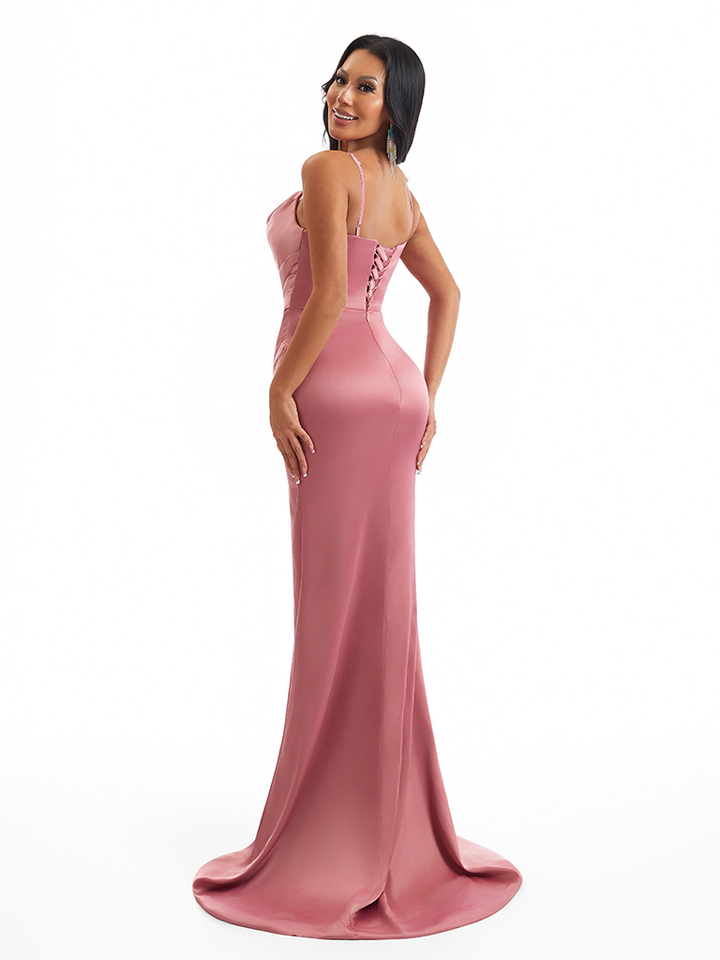Sexy Spaghetti Straps Cowl Neck Mermaid Soft Satin Side Slit Long Bridesmaid Dresses Online