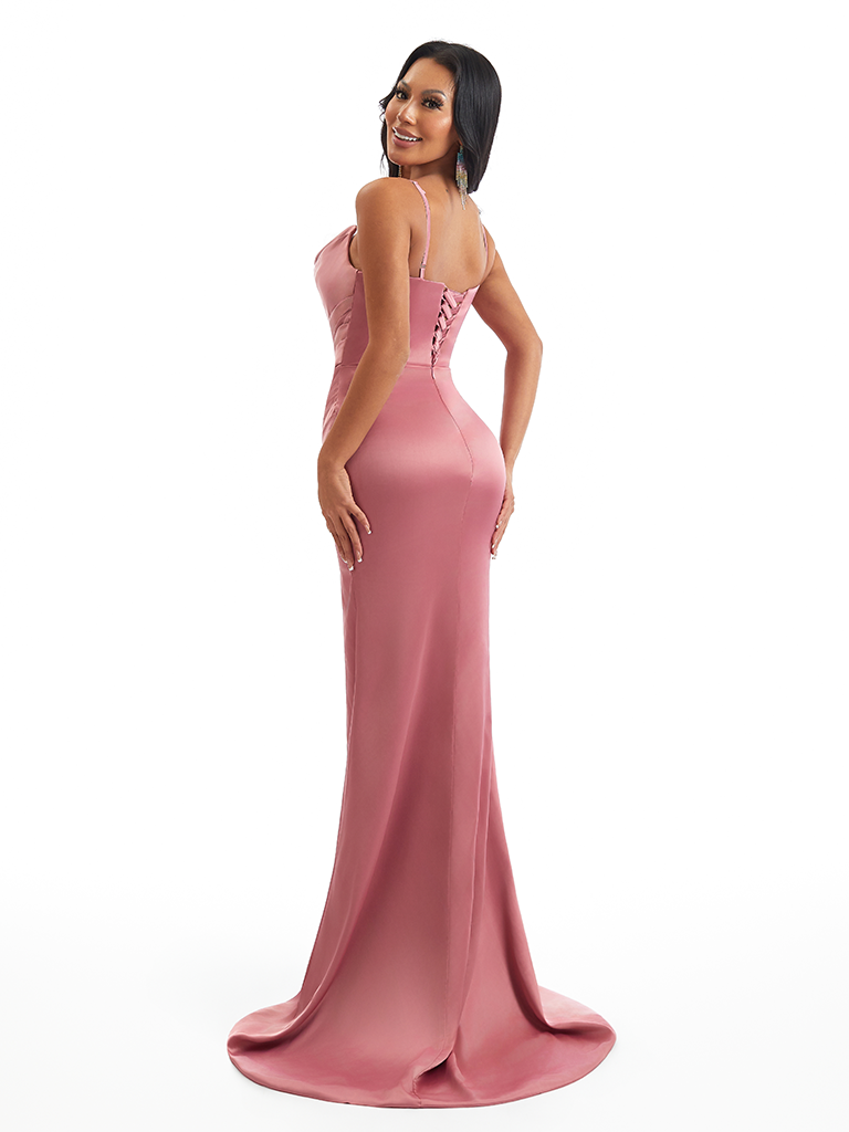 Sexy Spaghetti Straps Cowl Neck Mermaid Soft Satin Side Slit Long Bridesmaid Dresses Online