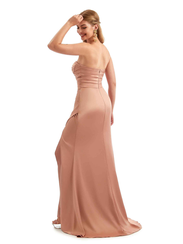 Sexy Strapless Sweetheart Side Slit Long Satin Unique Bridesmaid Dresses Online