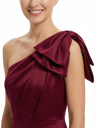 Trendy One Shoulder Tea Length Satin Short  Mother Of The Bride Gown
