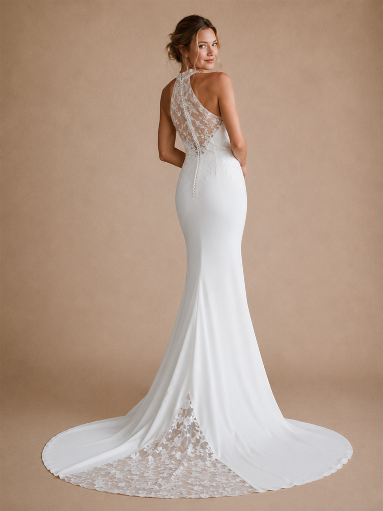 ChicSew Fancy Halter Sleeveless Mermaid Crepe Long Wedding Dress With Lace Appliques