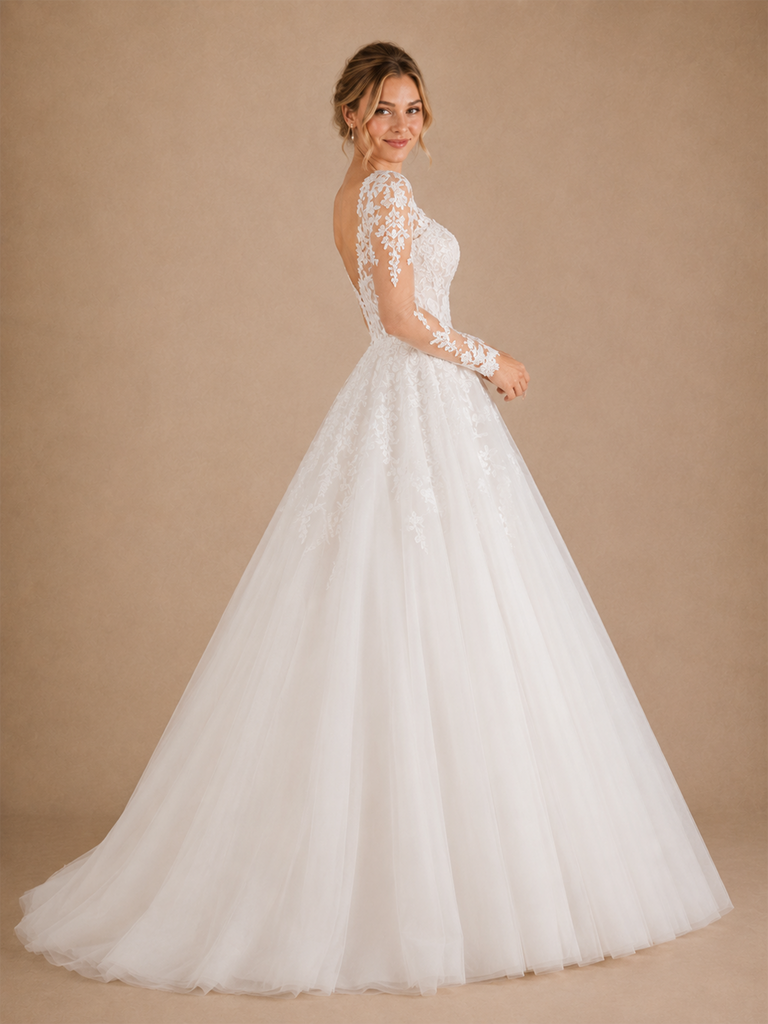 ChicSew Elegant V-Neck Long Sleeves Open Back A-Line Lace Tulle Wedding Dress