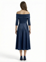 Mother of The Groom Gown Off Shoulder Long Sleeve Bow Satin Tea-Length A-Line Dress Trendy Wedding Guest Attire