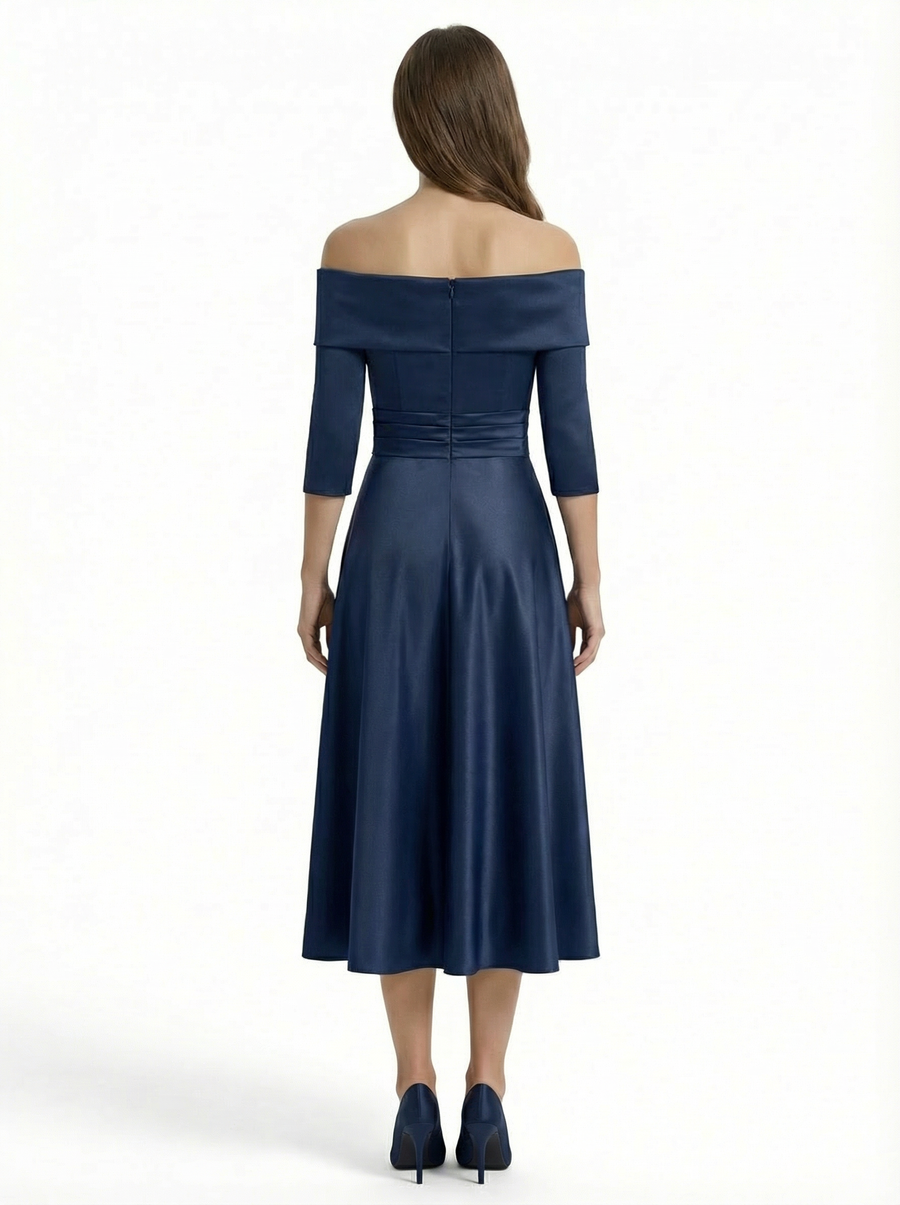 Mother of The Groom Gown Off Shoulder Long Sleeve Bow Satin Tea-Length A-Line Dress Trendy Wedding Guest Attire