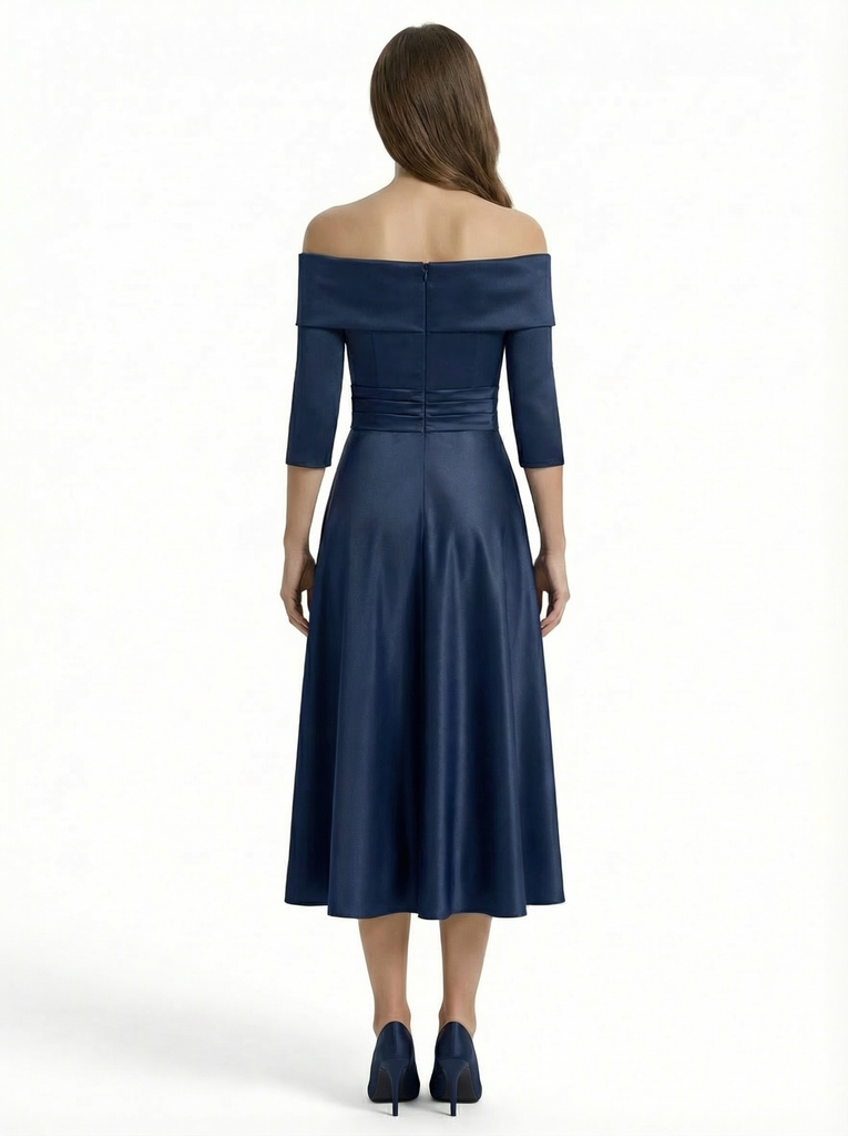 Mother of The Groom Gown Off Shoulder Long Sleeve Bow Satin Tea-Length A-Line Dress Trendy Wedding Guest Attire