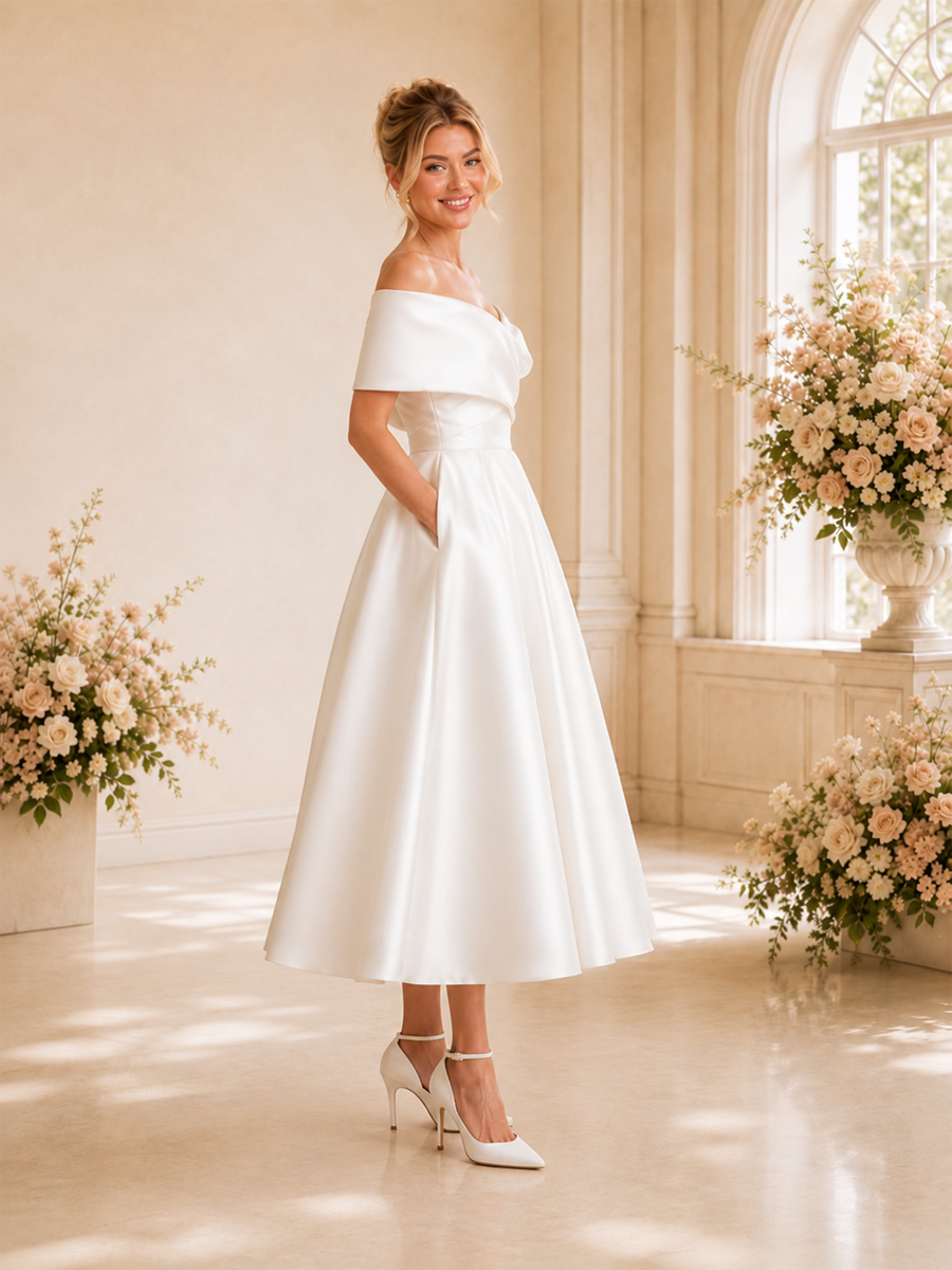 ChicSew Elegant Off The Shoulder A-Line Sleeveless Satin Tea-Length Wedding Dresses With Pocket