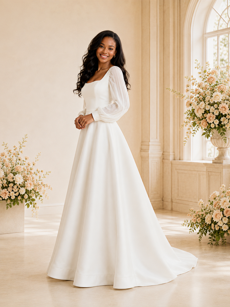 ChicSew Elegant Square Neck Long Chiffon Sleeves Crepe A-Line Maxi Wedding Dress