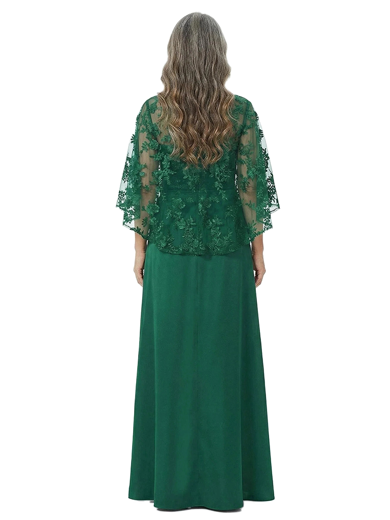 Floor-Length Silky Satin Mother Of The Bride Gown Lace Cape Sleeve