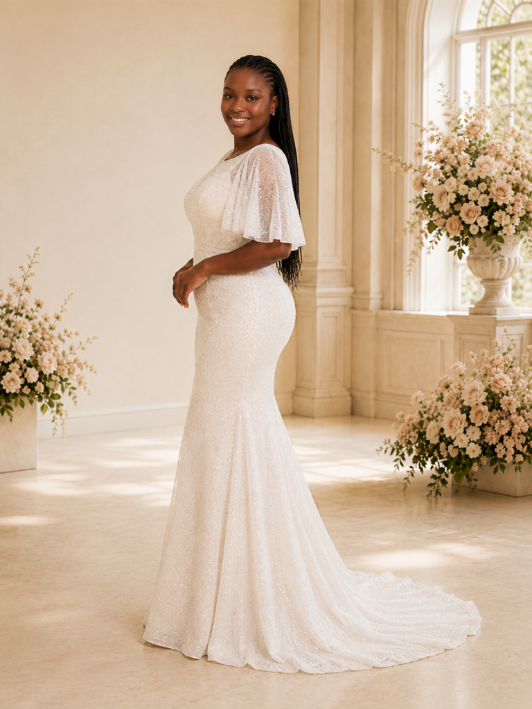 ChicSew Fancy Flutter Sleeves Glitter Tulle Mermaid Long Wedding Dress