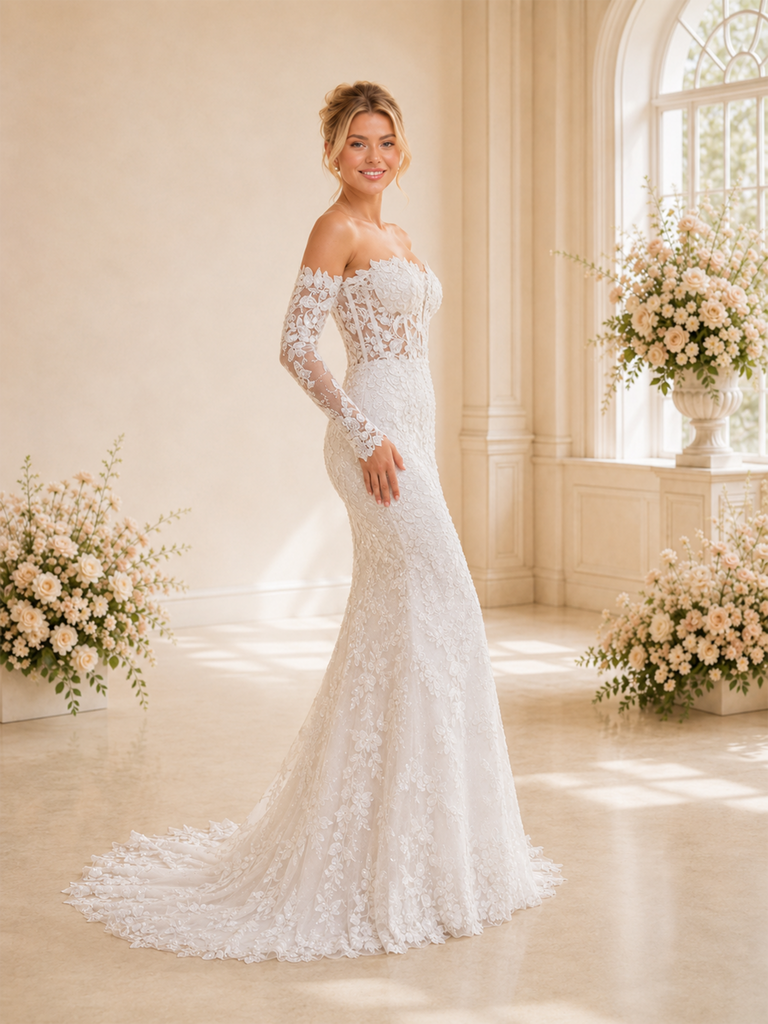 ChicSew Beautiful Sweetheart Mermaid Lace Tulle Off The Shoulder Long Sleeves Boning Floor-Length Wedding Dresses