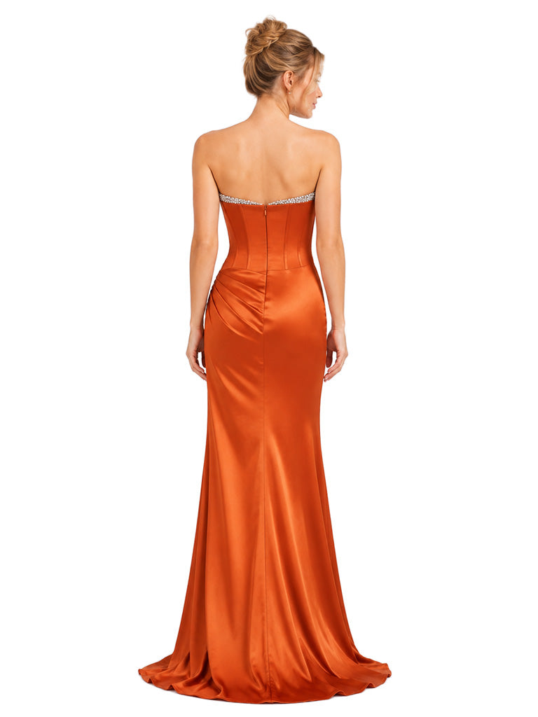 ChicSew Rhinestone Strapless Ruched Side Slit Soft Satin Long Unique Boning Mermaid Bridesmaid Dress For Wedding Occasions