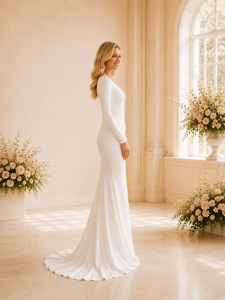 ChicSew Unique Deep V-Neck Long Sleeves Mermaid Crepe Wedding Dresses With Button