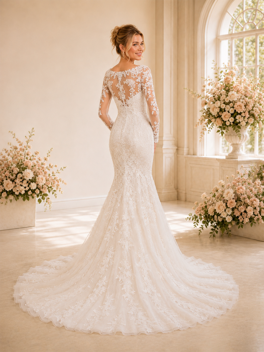 ChicSew Delicate Mermaid Illusion Long Sleeves Lace Tulle Maxi Wedding Dresses With Train
