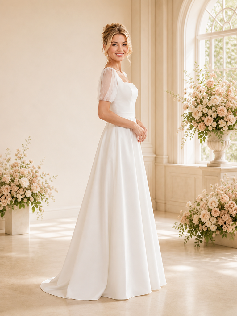 ChicSew Classy A-Line Square Neckline Floor-Length Pleated Crepe Wedding Dress With Tulle Short Sleeves